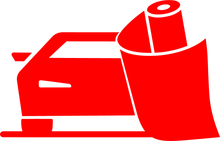 A red icon of a car and a roll of paper
