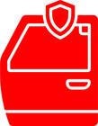 A red icon of a car door with a shield on it.