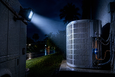 Outdoor HVAC unit beside a building at night, lit by a bright work light in rainy conditions