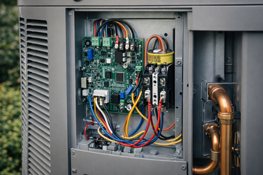 Open HVAC unit with exposed circuit boards, wiring, and copper pipes inside a metal cabinet.