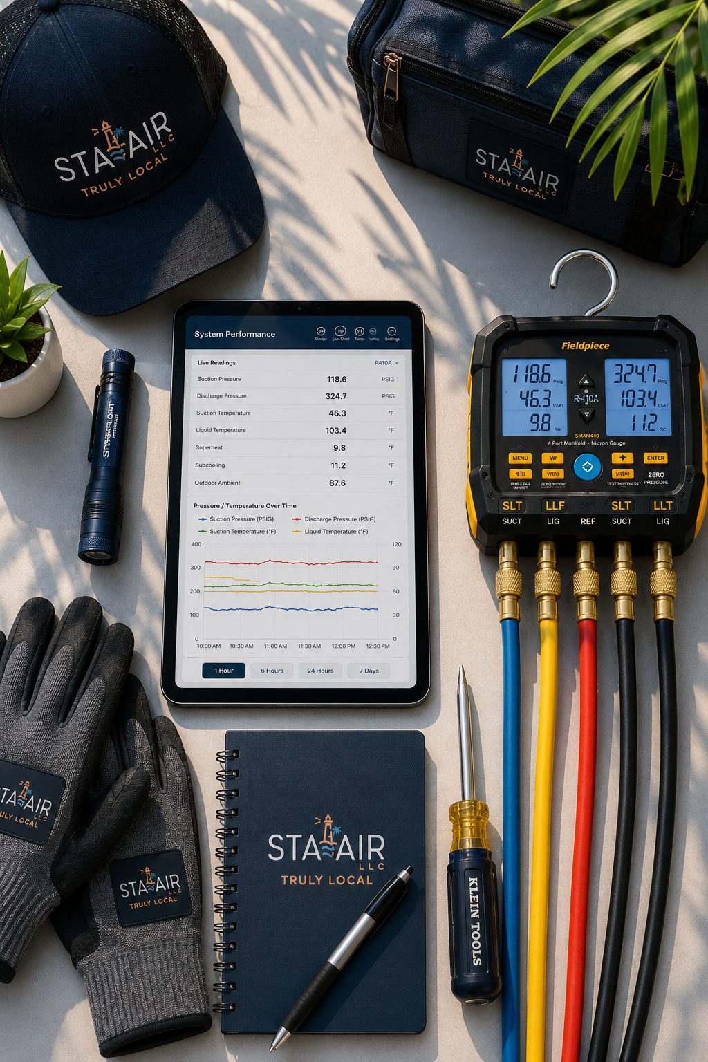 Air-conditioning service kit with tablet, digital gauges, tools, cap, and gloves on a dark surface