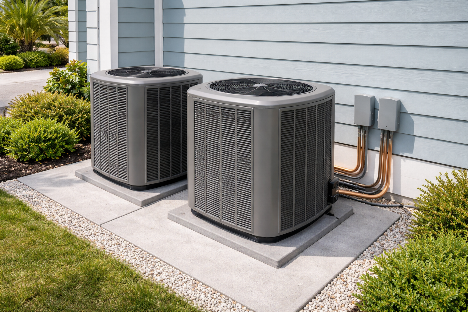 Two gray outdoor air conditioner units beside a house on a concrete pad, with shrubs and grass nearby