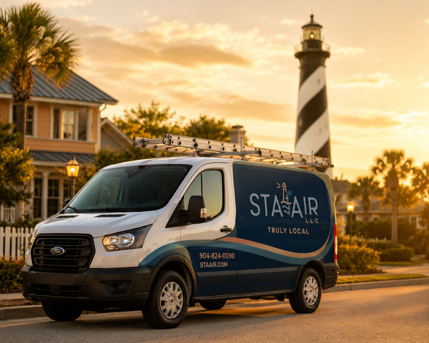 St. Air service van parked by a lighthouse at sunset, with a coastal home in the background