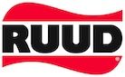 RUUD logo with black text on a red, wavy background.