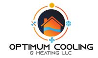 Logo for Optimum Cooling & Heating LLC: house graphic inside a circle with HVAC icons; text below.