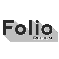 Un logo noir et blanc pour la conception de folio design avec une ombre sur fond blanc.