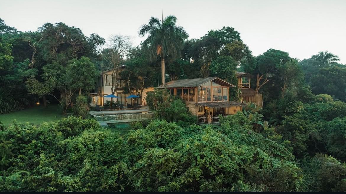 Uma casa está cercada por árvores no meio de uma floresta.