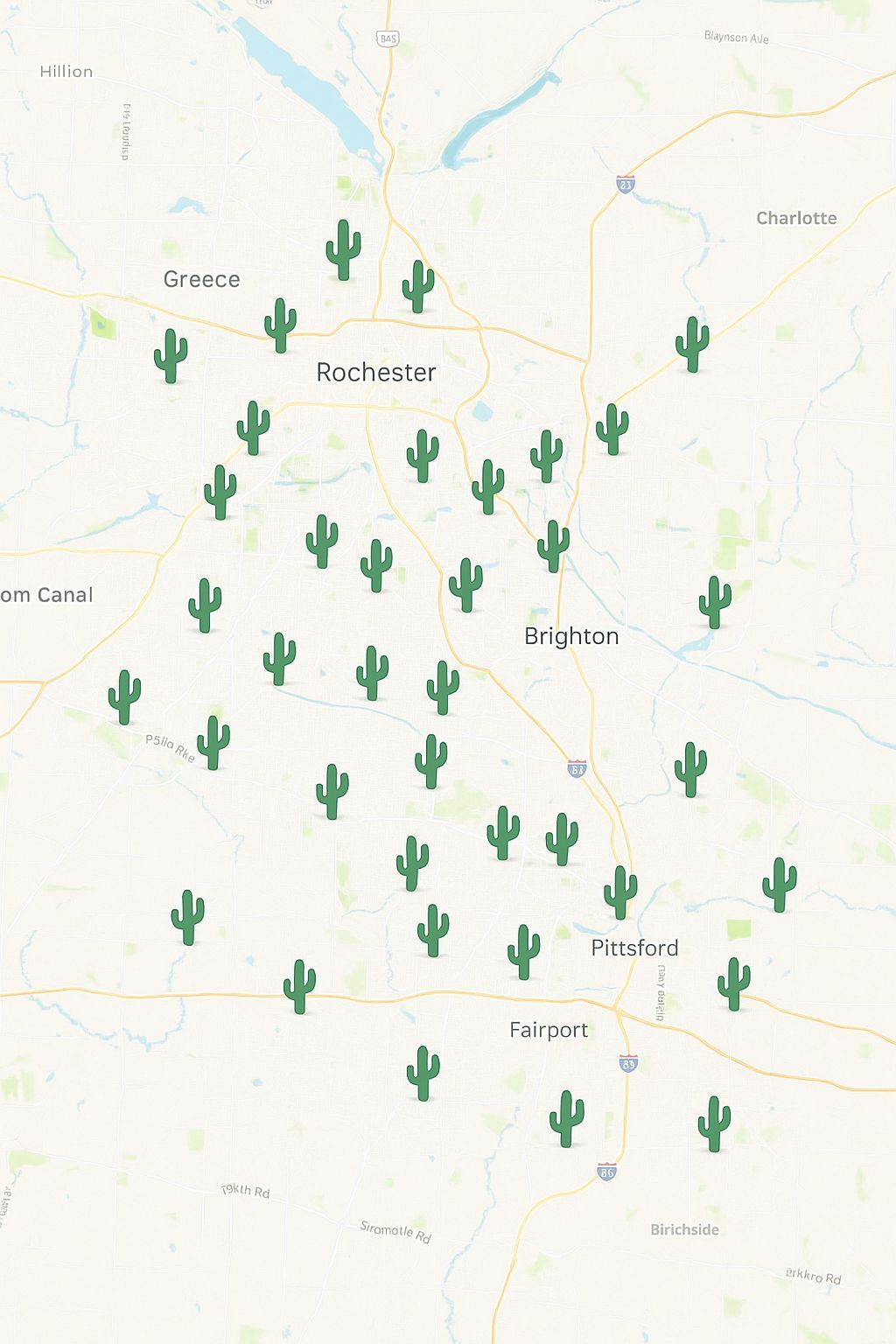 Map of Rochester, New York, with numerous cactus icons overlaid, suggesting locations.