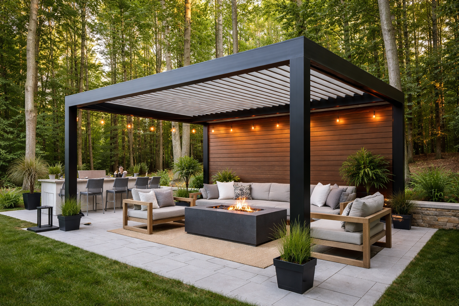 Outdoor patio with seating, fire pit, and pergola structure. Features wood accents, lush greenery, and string lights.