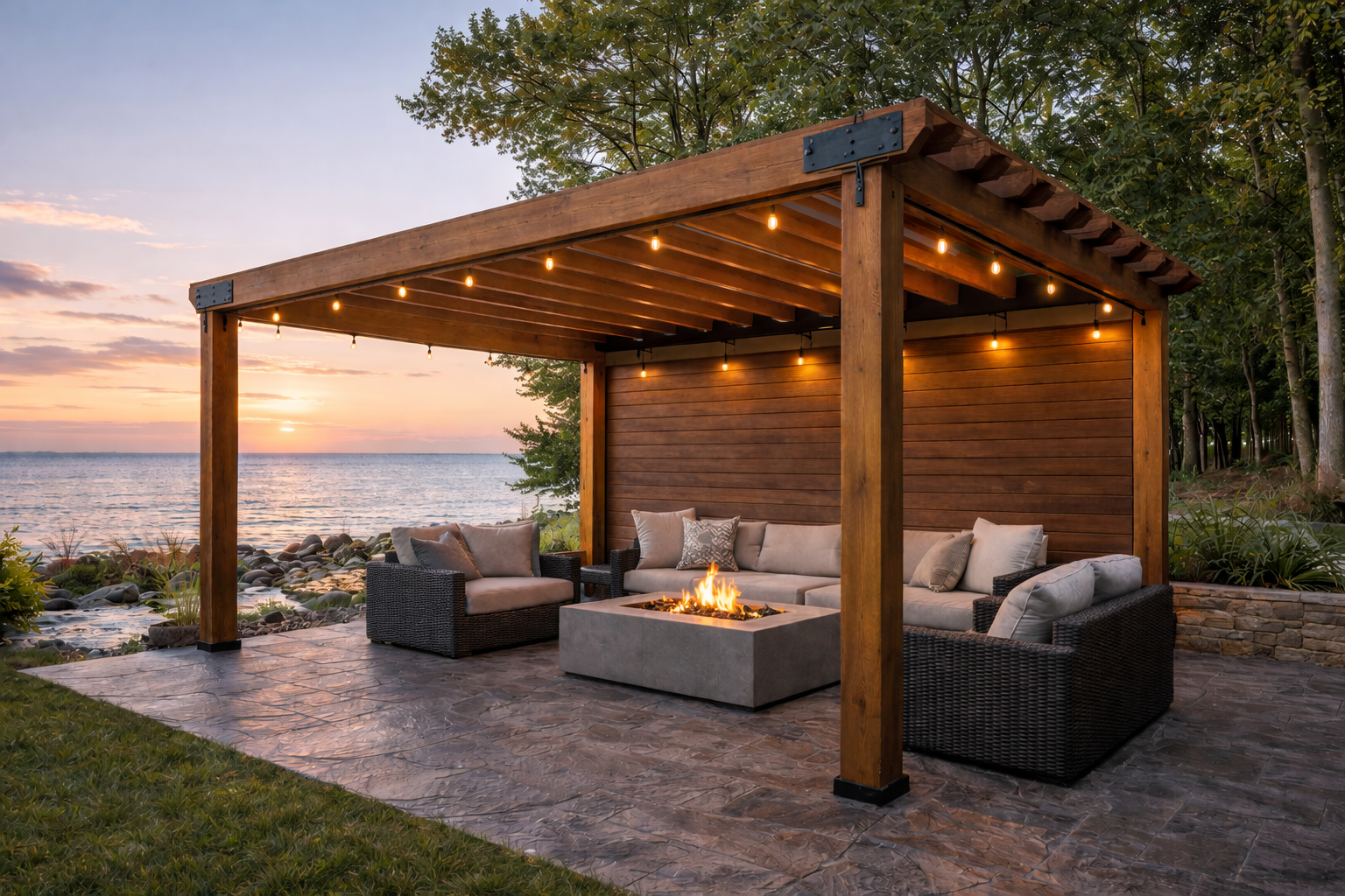 Outdoor seating area with a wooden pergola, fire pit, and lake view at sunset.