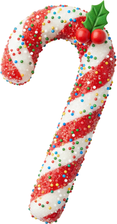 Candy cane, red and white stripes, covered in sprinkles, holly berries on top.