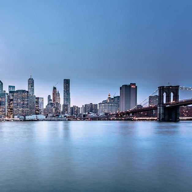 A bridge over a body of water with a city skyline in the background.