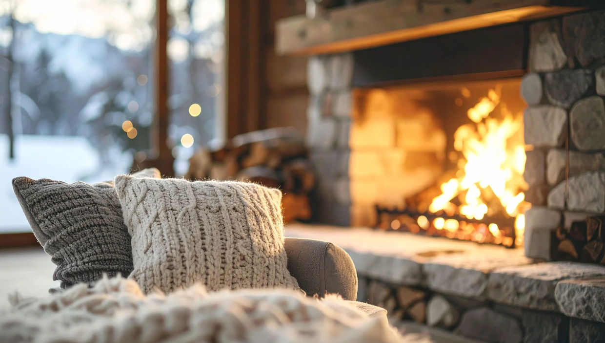 Cozy winter living room with a roaring stone fireplace, stacked firewood, and soft knitted pillows on a chair. Warm firelight contrasts with the snowy outdoor view through large windows, creating a rustic and inviting atmosphere.
