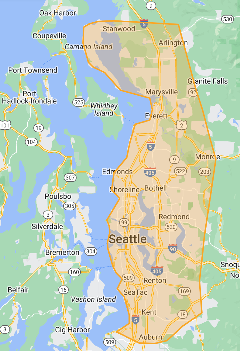 Map of the Seattle area highlighted in orange, showing cities like Everett, Bellevue, and Federal Way.