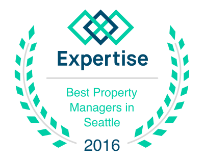 Expertise award badge: Best Property Managers in Seattle, 2016, teal wreath and geometric logo.