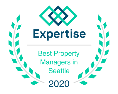 Expertise award: Best Property Managers in Seattle, 2020. Features teal laurel wreath, abstract logo, and blue text.