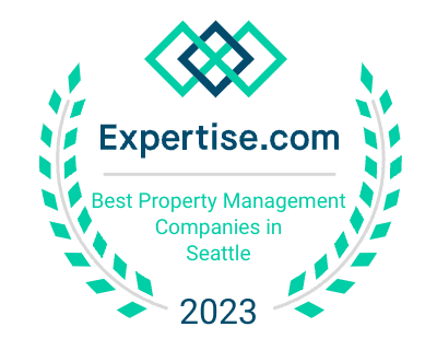 Expertise.com badge: Best Property Management Companies in Seattle, 2023. Teal and blue logo with laurel wreath.
