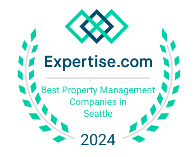 Expertise.com badge: Best Property Management Companies in Seattle, 2024. Teal and navy colors, laurel wreath design.
