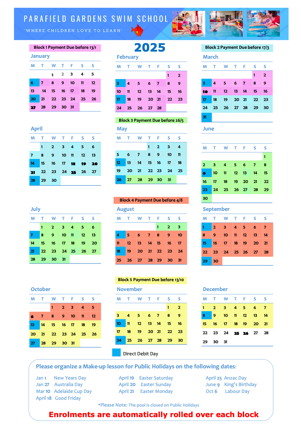 2025 calendar from Fairfield Gardens Swim School, with monthly class schedules and key dates highlighted in various colors.