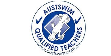 Austswim Qualified Teachers logo with a blue platypus inside a diamond.