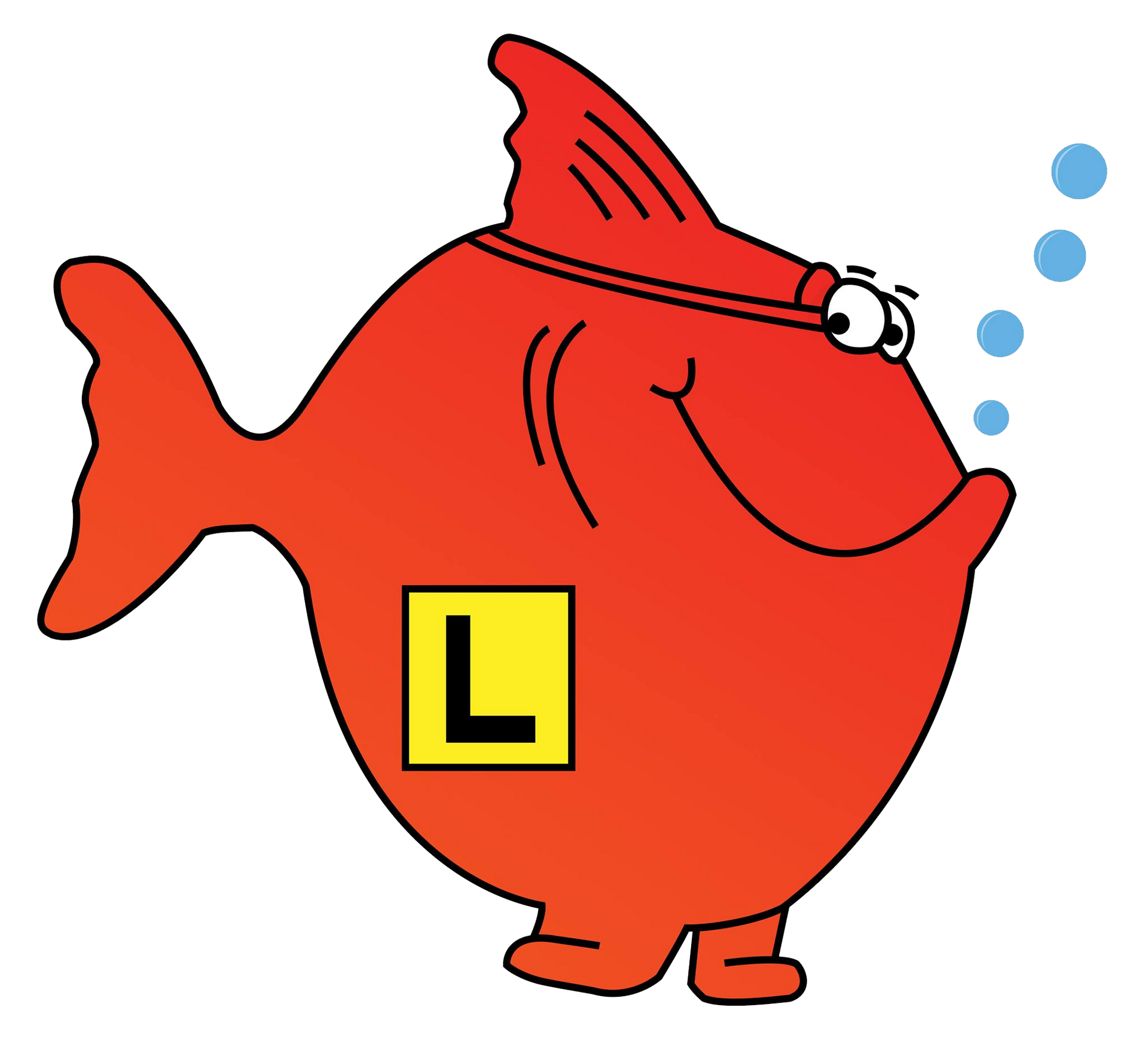 Red cartoon fish with headband, "L" sign, standing, smiling, with bubbles.