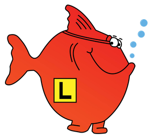 Red cartoon fish with headband, "L" sign, standing, smiling, with bubbles.