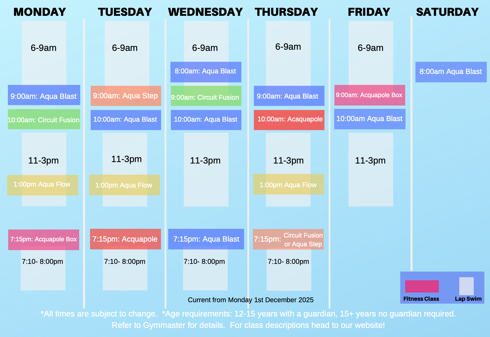Weekly schedule for an aquatic center with color-coded classes.