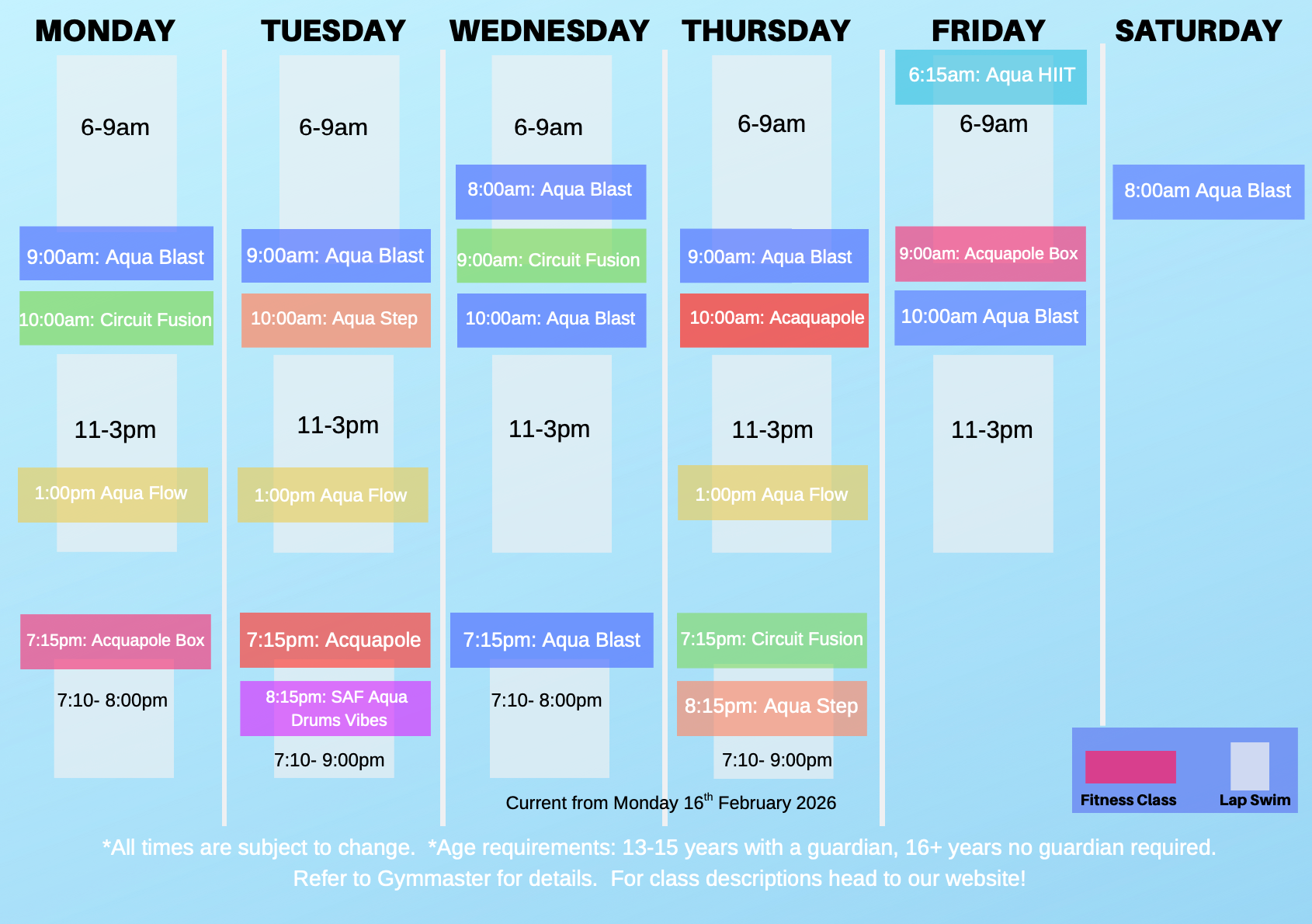 Weekly schedule for an aquatic center with color-coded classes.