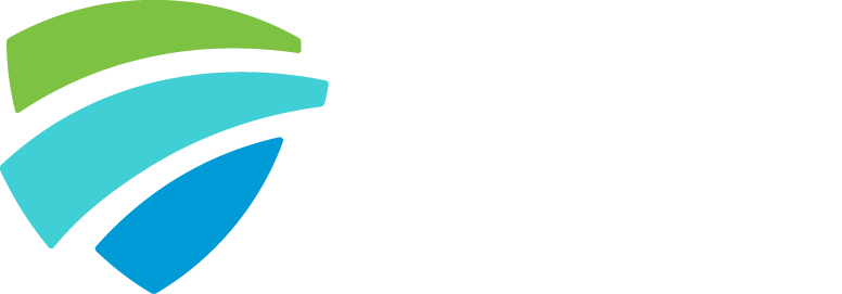 Shield-shaped logo with green, light blue, and dark blue curved stripes.