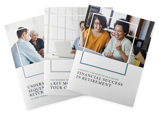 Three brochures on retirement planning, featuring people in office settings and headlines like 