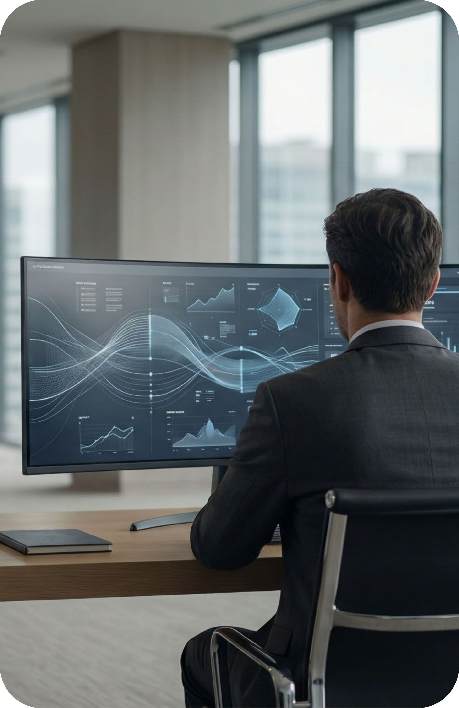 Person in a suit analyzes data on a large computer screen in an office setting.