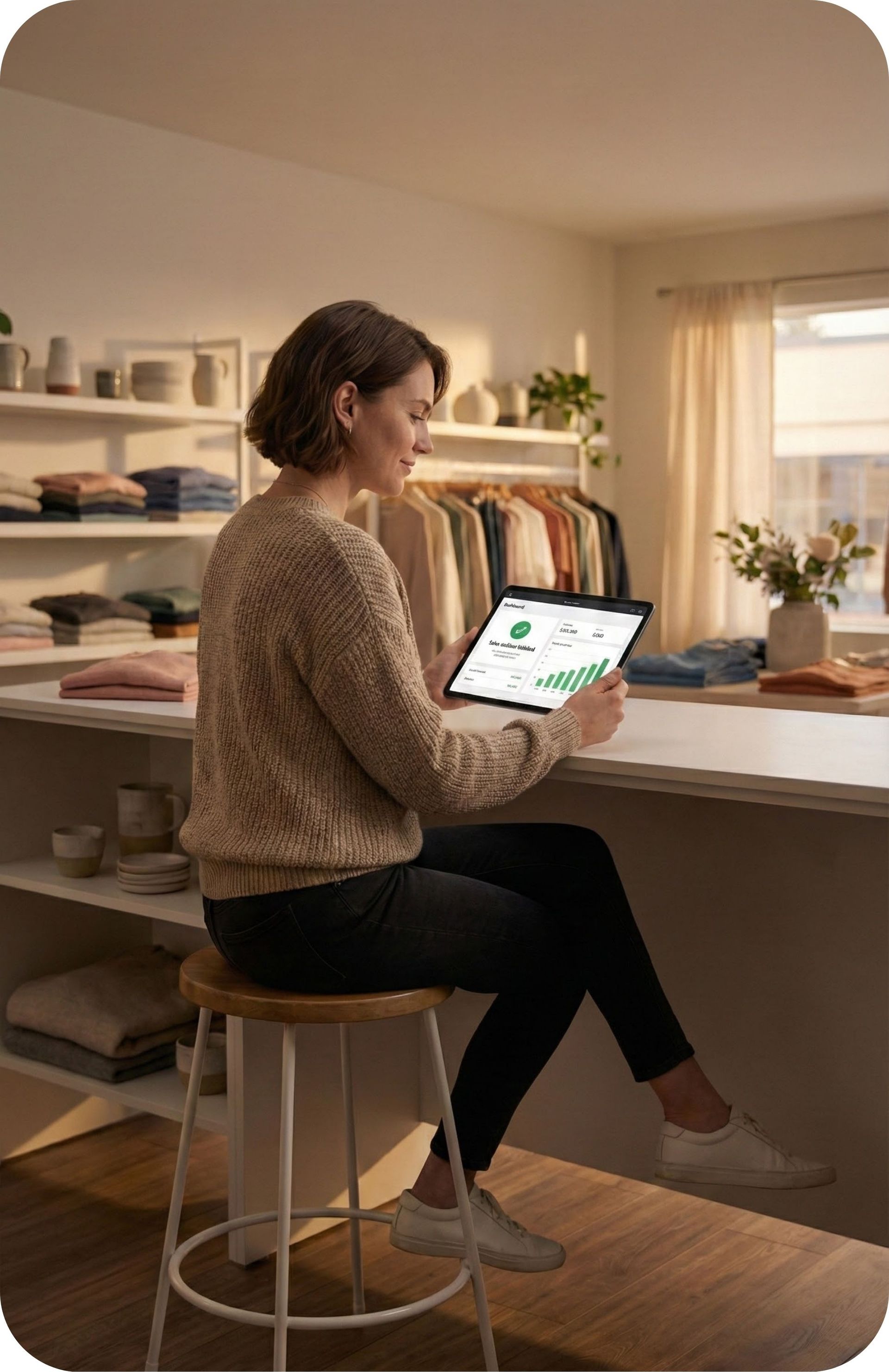 Woman seated, looking at tablet displaying graphs, in a retail store setting.