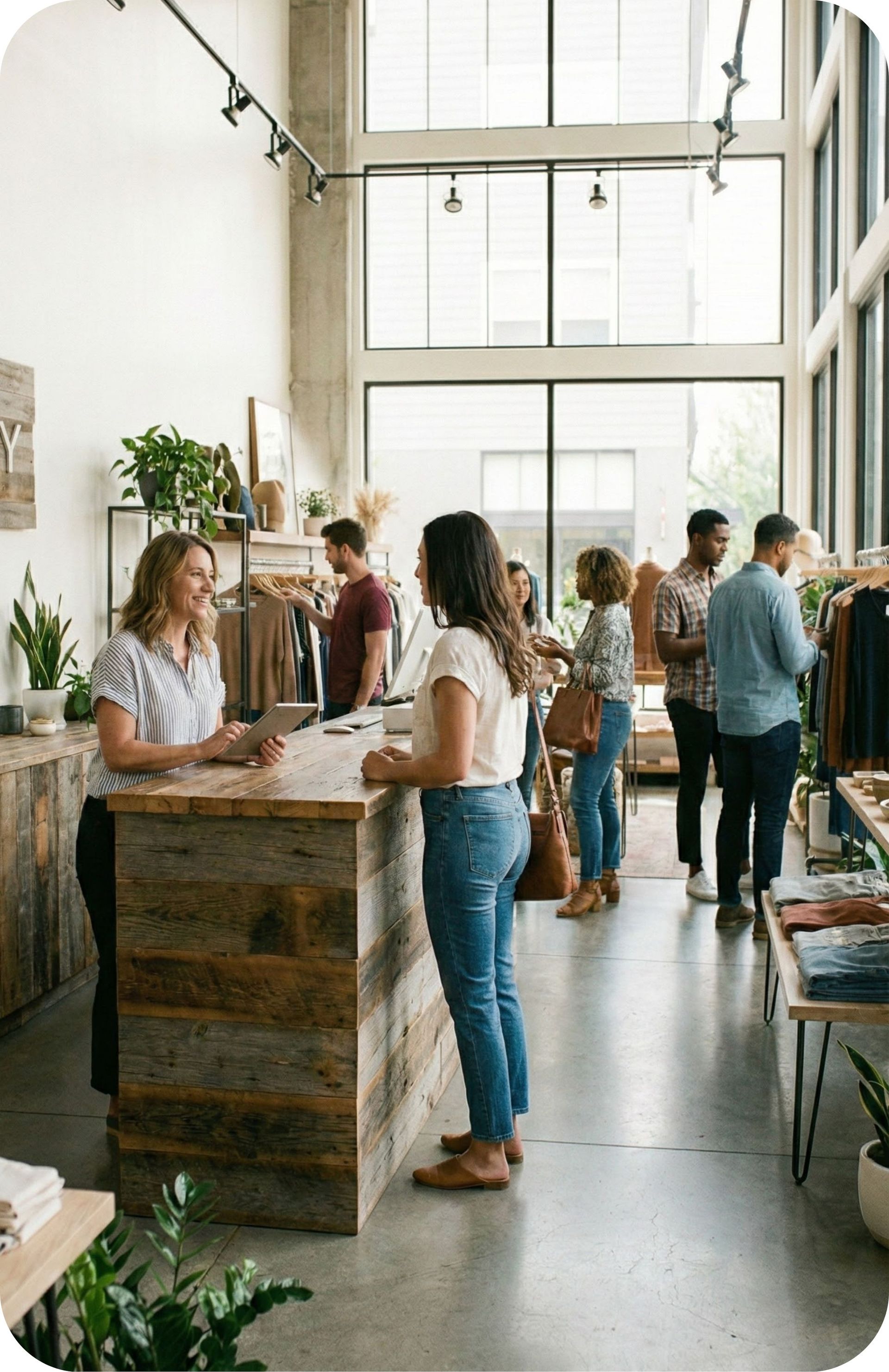 Inside a retail store, a cashier assists a customer at a wooden counter while others browse clothing racks.
