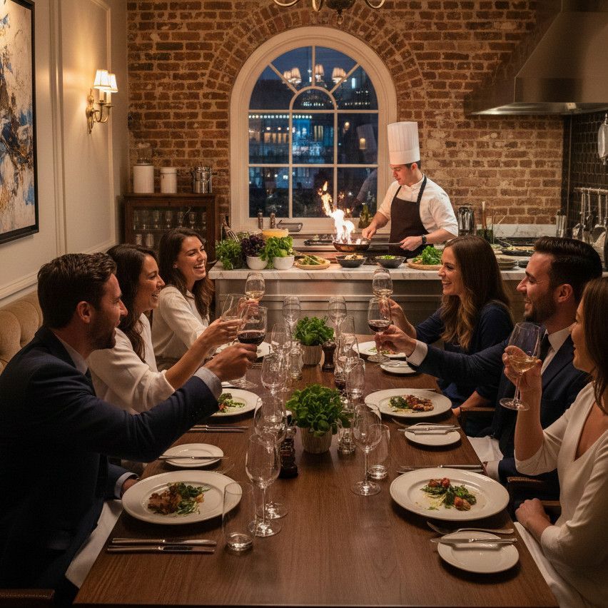 People toasting wine at a table; a chef cooks with fire in a restaurant kitchen with a window.