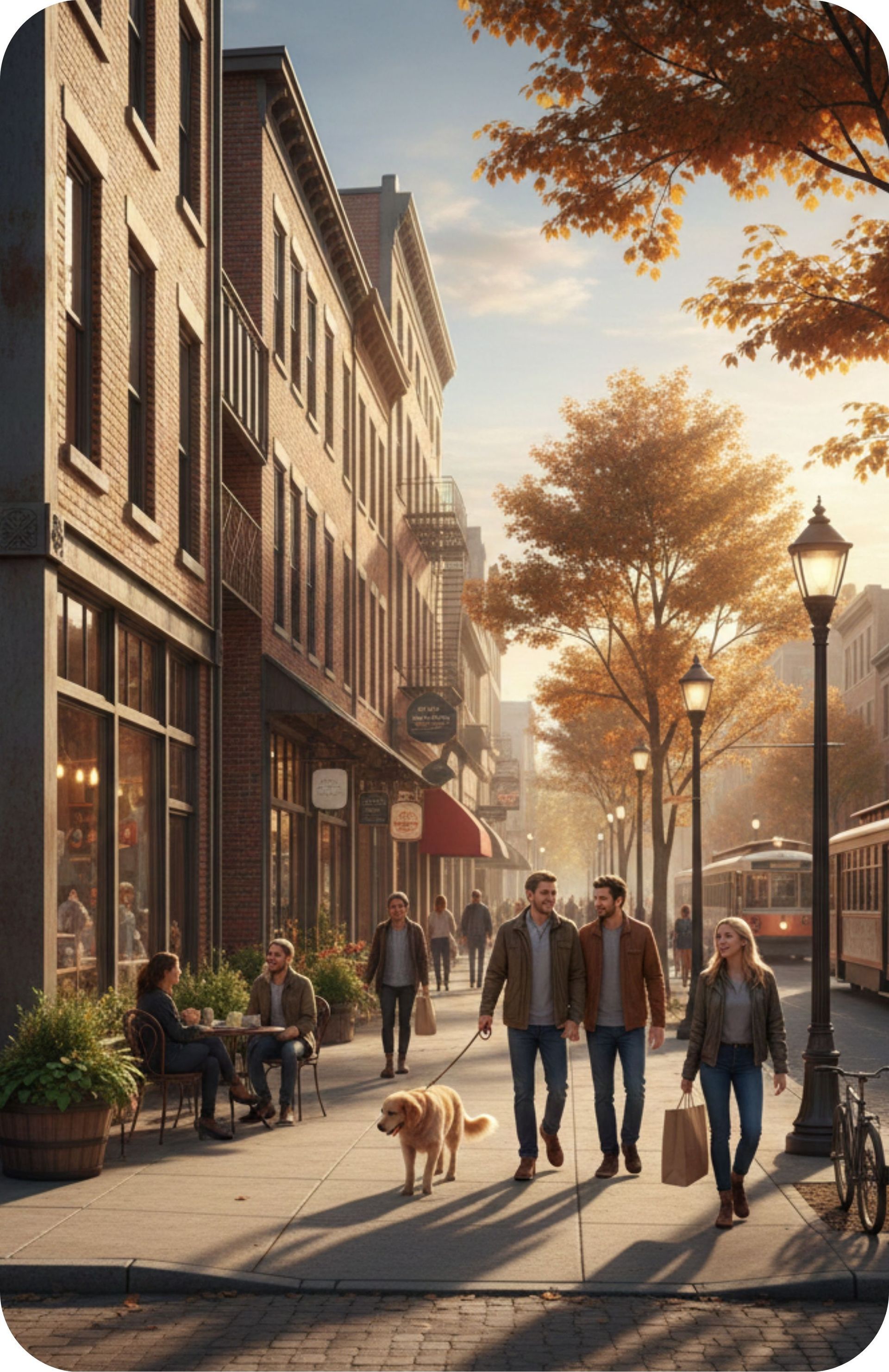 Street scene with brick buildings, people walking, dog, fall trees, and sunlight.