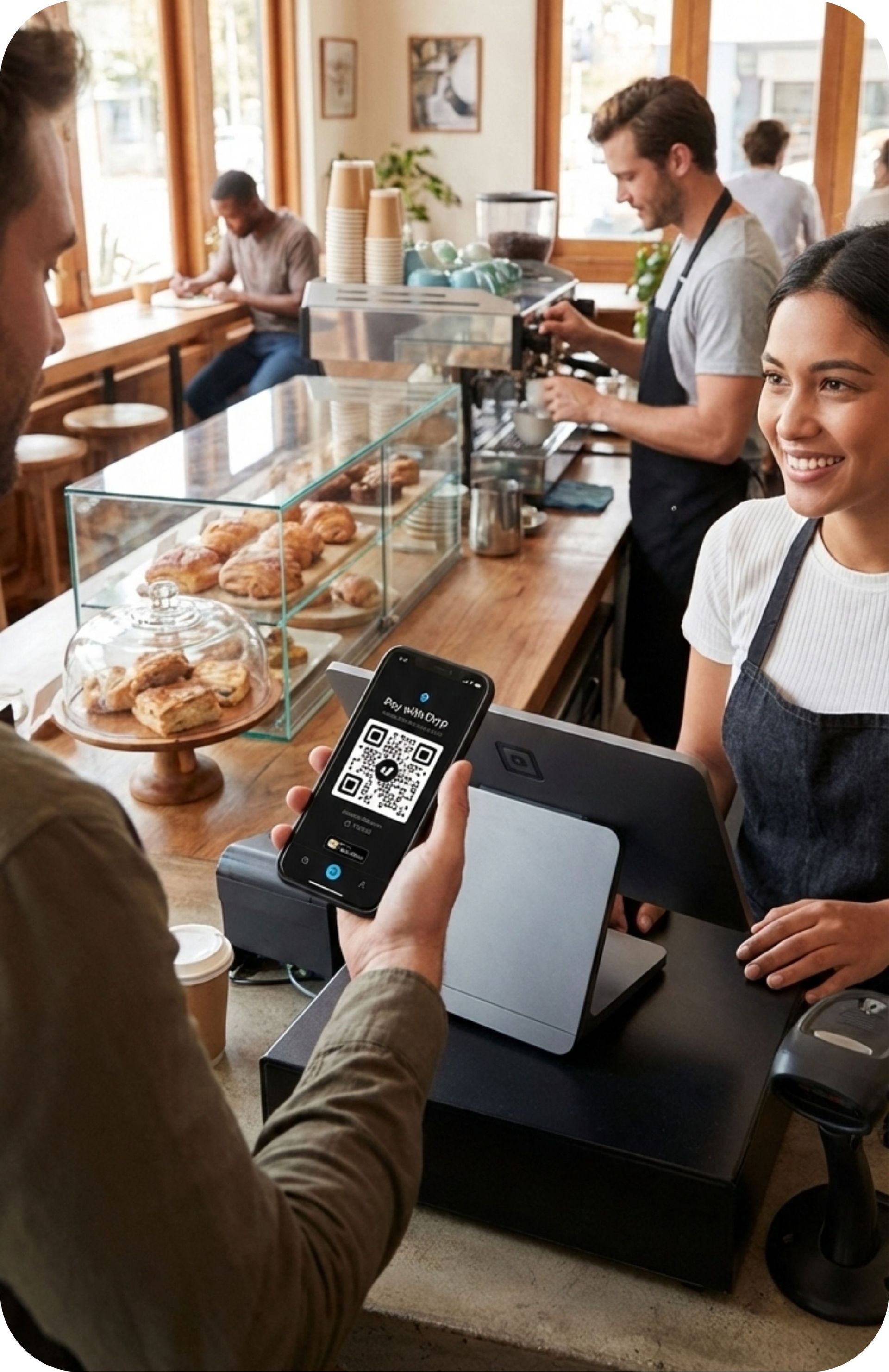 Man paying at cafe counter with phone, displaying a QR code. Smiling barista in apron looks on.