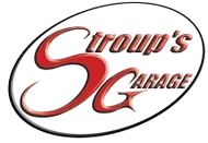 Stroup's Garage logo: Red "SG" within an oval, with "Stroup's" and "Garage" in brown text.