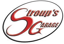 Stroup's Garage logo: Red "SG" within an oval, with "Stroup's" and "Garage" in brown text.