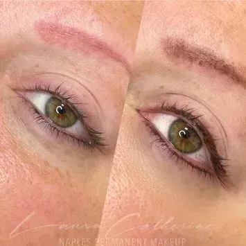 Before and after comparison of eyeliner and eyebrow permanent makeup on a person's face; showing brown eyeliner and brow.