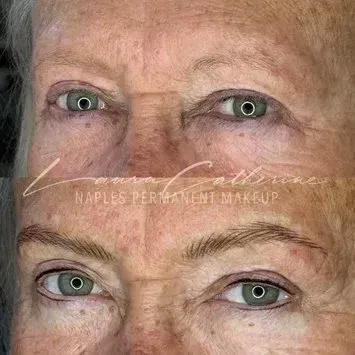 Before-and-after of an older woman's eyes with permanent eyeliner and eyebrow makeup.