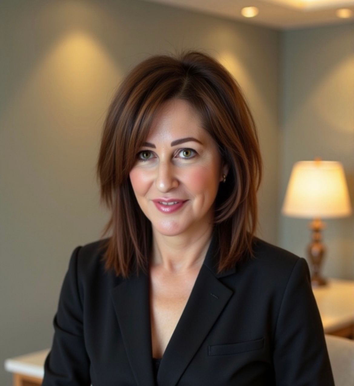 Woman with brown hair in a white coat, smiling in a skincare clinic, with shelves of products.