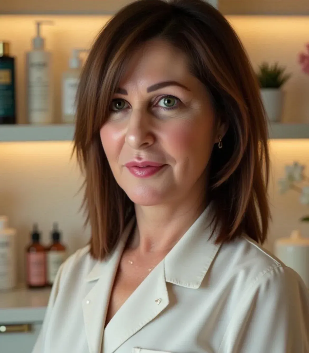 Woman with brown hair in a white coat, smiling in a skincare clinic, with shelves of products.