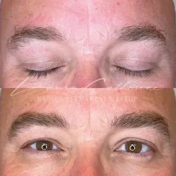 Before and after permanent eyebrow makeup: Man's eyes.