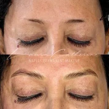 Before and after of eyebrows after permanent makeup procedure.