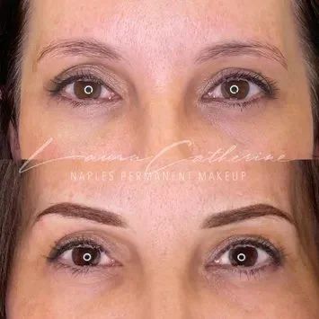 Before and after of a woman's eyebrows with permanent makeup, improving shape and fullness.