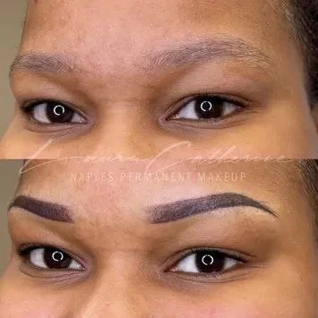 Before and after permanent eyebrow makeup: Man's eyes.