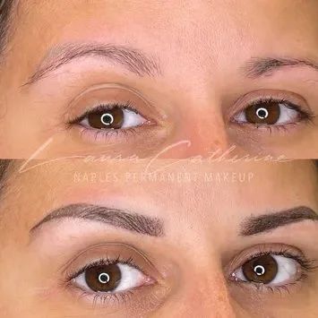 Before and after permanent makeup eyebrows; brown eyes, woman.