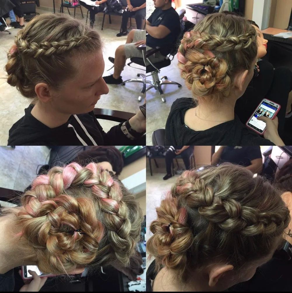 Four views of a person with a braided updo hairstyle. The style features a crown braid and a low bun.