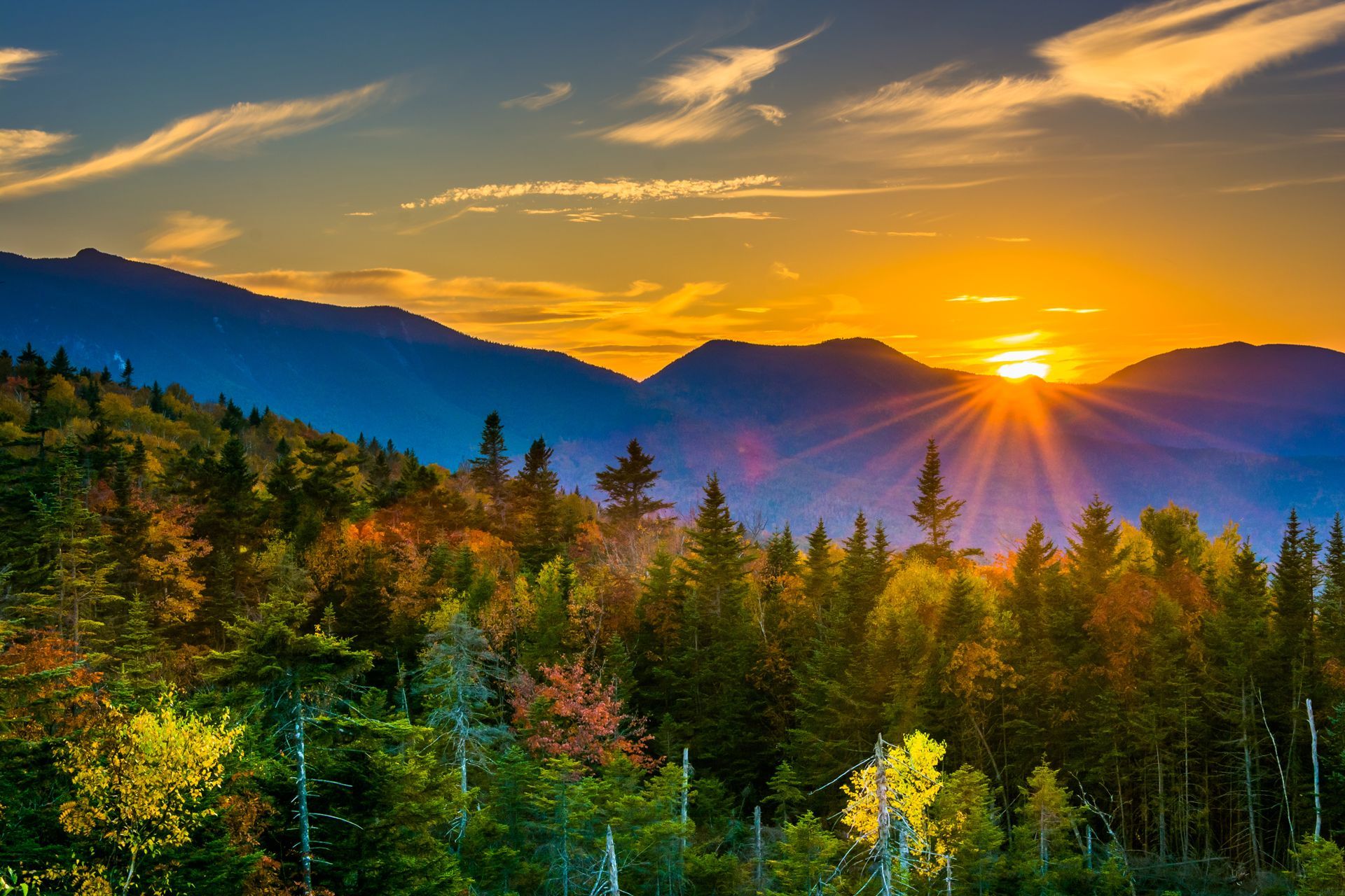 A sunset over a forest with mountains in the background