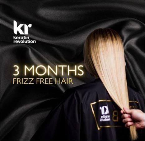 Blonde Glossy hair with words 3 months frizz free
